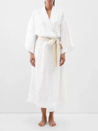 02 Floral-print Belted Linen Robe