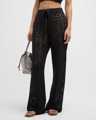 Cotton Crochet Drawstring Pants With Micro Paillette And Short Lining