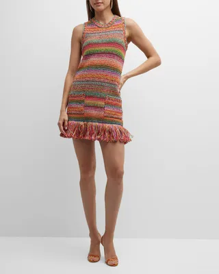 Striped Fringe-Hem Hand Crochet Mini Dress