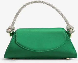 Womens Green-satin Brynley Diamante-knot Faux Satin Handbag