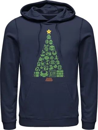 Men's Nintendo Christmas Tree Mosaic Pull Over Hoodie - Navy Blue - Large