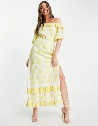 Miss Selfridge Premium embroidered bardot maxi dress with frill detail in yellow