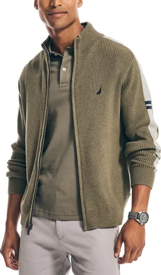 Nautica Men's Classic-Fit Mock-Neck Sleeve Stripe Full-Zip Sweater