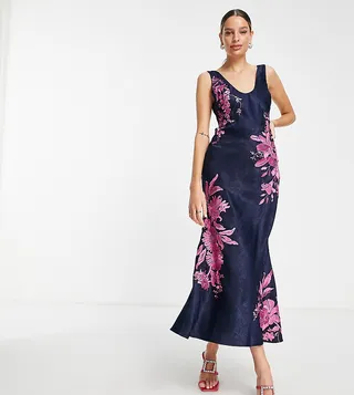 ASOS DESIGN Tall bias cut midi slip dress in satin with contrast floral embroidery
