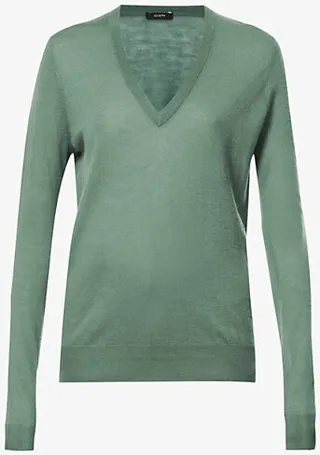 Womens Dark Sage V-neck ong-sleeved Cashmere Knitted top