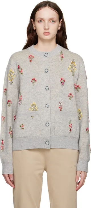 Burberry Gray Crystal Embroidered Floral Cardigan