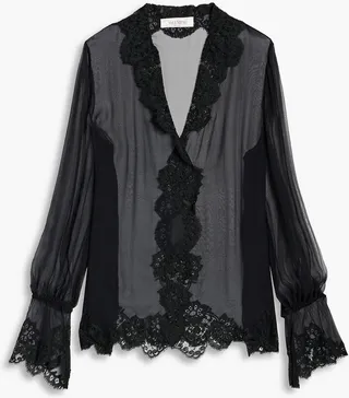 Lace-trimmed silk-chiffon blouse