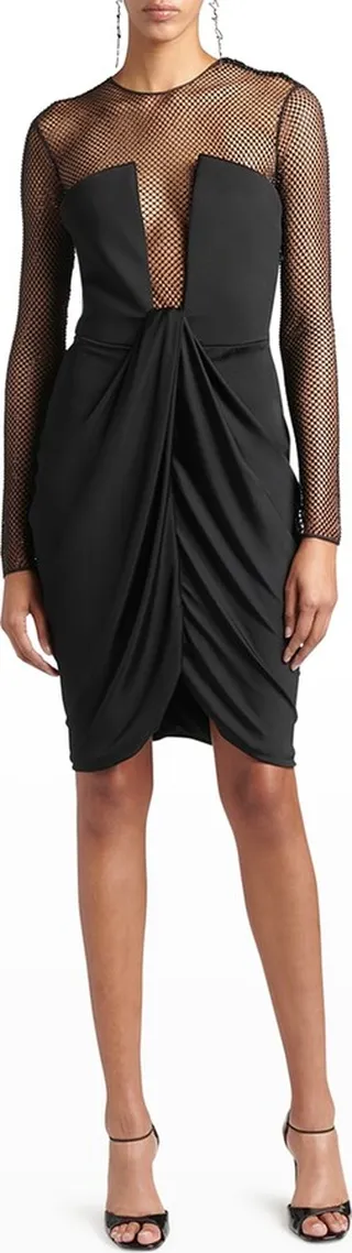 Crystal Embellished Mesh Draped Jersey Illusion Dress