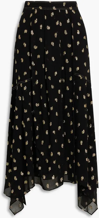 Pleated metallic fil coupé chiffon midi skirt