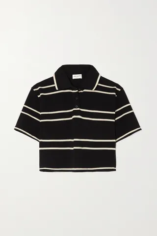 SAINT LAURENT - Striped Cropped Cotton-piqué Polo Shirt - Black