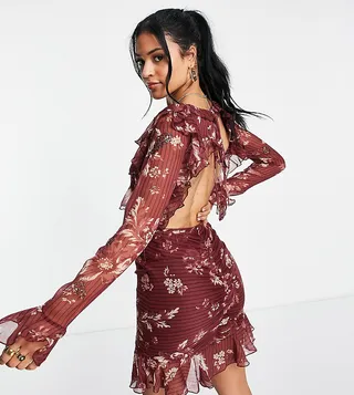 ASOS DESIGN Tall embellished mini dress with ruffle detail in floral print