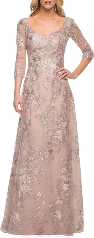Floral Embroidered Mesh A-Line Gown