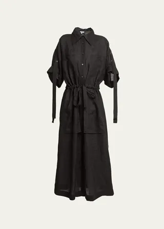 Workwear Drawstring Linen Midi Shirtdress