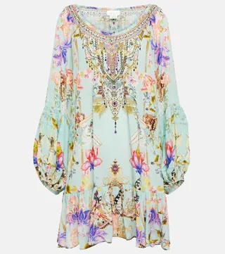 Printed off-shoulder silk minidress