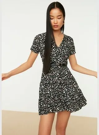 Black Printed, Double Breasted Collar Mini, Flexible Knitted Dress TWOSS21EL0241