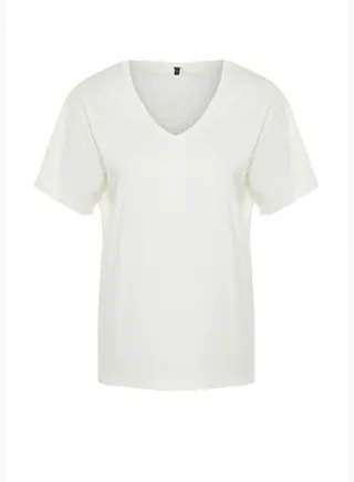 Ecru 100% Cotton Oversize V-Neck Knitted T-Shirt TWOSS23TS00003