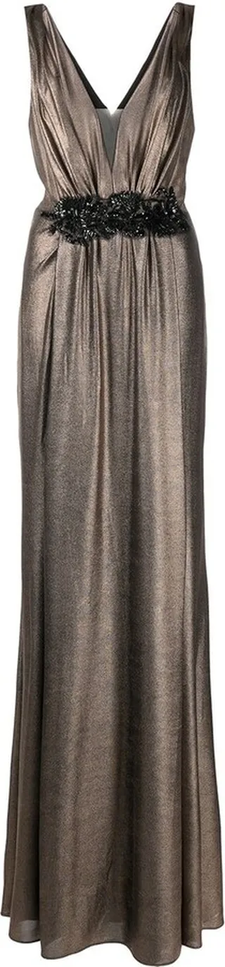 Pleated Plunge-Neck Gown