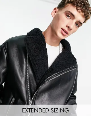 ASOS DESIGN oversized faux leather biker jacket with borg collar in black