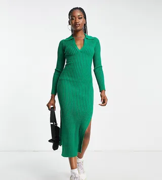 In The Style x Billie Faiers exclusive knitted ribbed collar midi dress in green