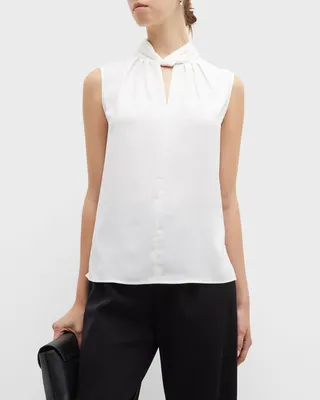 Sleeveless Twist-Neck Crepe Blouse