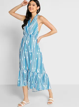 Halter Neck Tie Back Detail Striped Dress