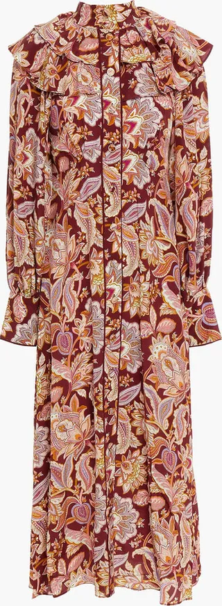Pussy-bow ruffled printed silk crepe de chine midi dress
