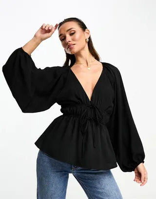 ASOS DESIGN long sleeve v neck top with kimono sleeves and tie front in black