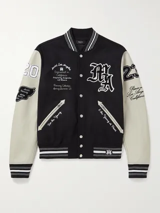 Appliquéd Embroidered Wool-Blend and Leather Varsity Jacket