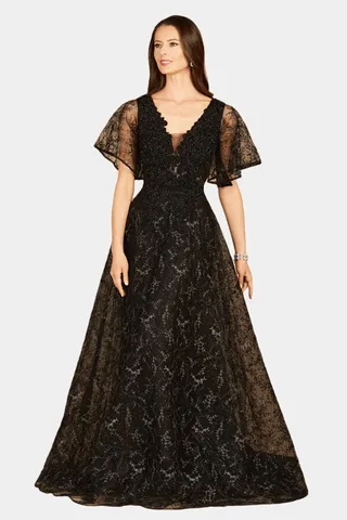 Cape Sleeve Beaded Gown In Black