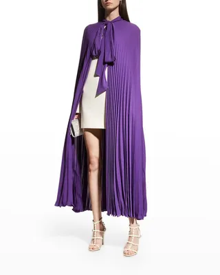 Long Pleated Tie-Neck Silk Cape