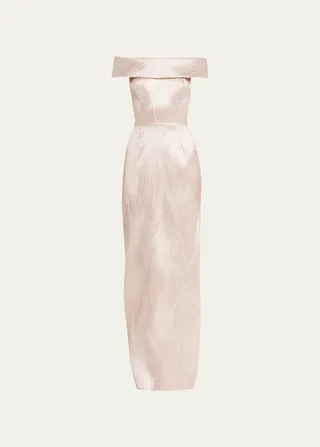 Metallic Ribbed Jacquard Off-Shoulder Gown