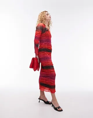 Topshop ombre ruched panel mesh midi dress in multi