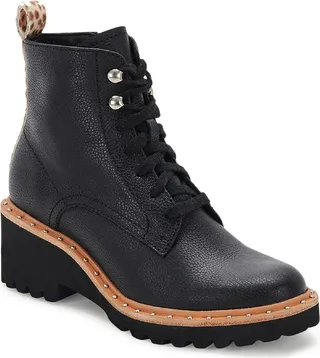 Hinto Womens Leather Leopard Print Trim Combat & Lace-up Boots