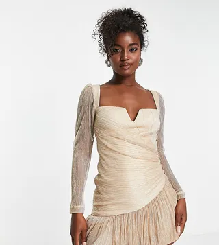 Ever New ruched metallic bubble hem mini dress in soft gold