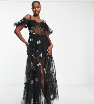Lace & Beads exclusive sheer corset 3D print embroidered dress in black