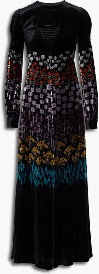Smocked floral-print velvet maxi dress