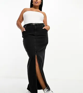 ASOS DESIGN Curve denim midi skirt with split hem in washed black