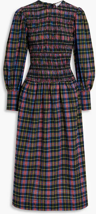 Shirred checked cotton-blend seersucker midi dress