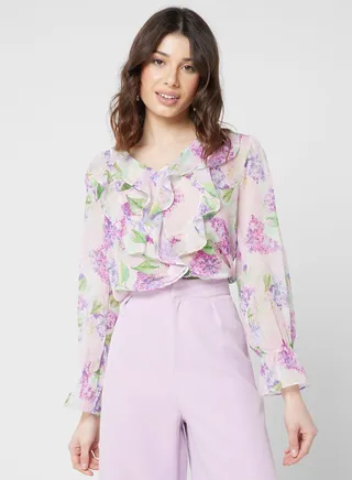 Ruffle Detail Printed Top