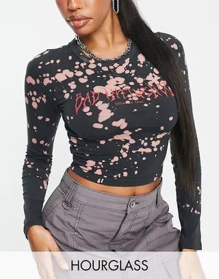 ASOS DESIGN Hourglass bleached long sleeve top with bad influence graphic