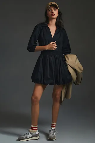 Porridge Long-Sleeve V-Neck Bubble-Hem Mini Dress Black