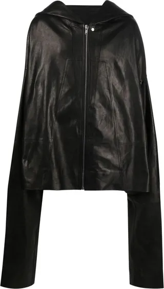 Draped-Sleeve Hooded Leather Jacket