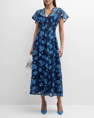 V-Neck Floral Embroidered Tulle Midi Dress