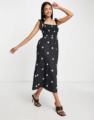 Never Fully Dressed tie shoulder daisy embroidered maxi dress in black
