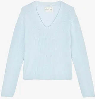 Womens Blue Ribbed V-neck Organic-cotton Jumper