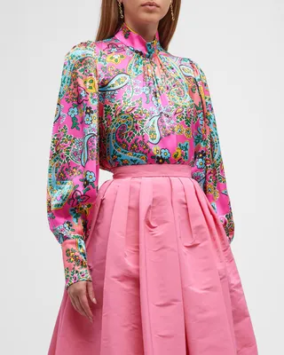 Paisley-Print Blouson-Sleeve Silk Top