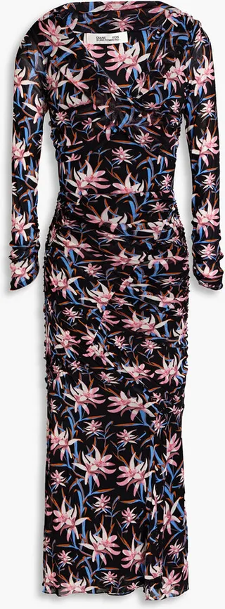 Ganesa ruched floral-print mesh midi dress