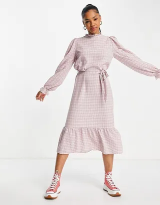 Miss Selfridge textured gingham belted midi dress in pink