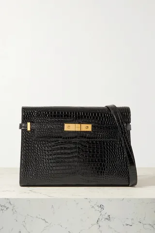 SAINT LAURENT - Manhattan Croc-effect Patent-leather Shoulder Bag - Black