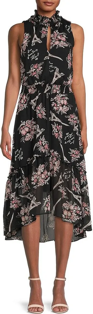 Floral Eiffel Tower Midi Fit and Flare Dress